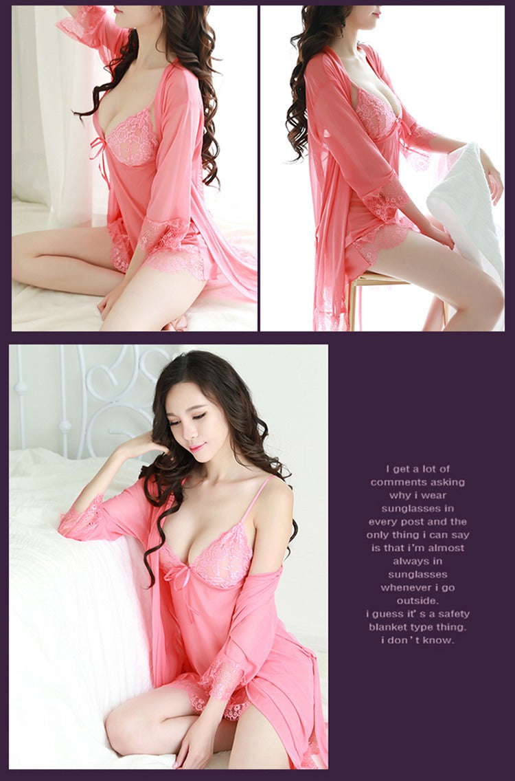 3 Piece Silk Night Dress & Full Sleeves Robe - Satin