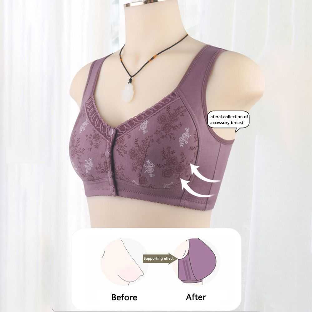 Comfortable Bra Cotton Women Wire Free Bras Floral Front Closure