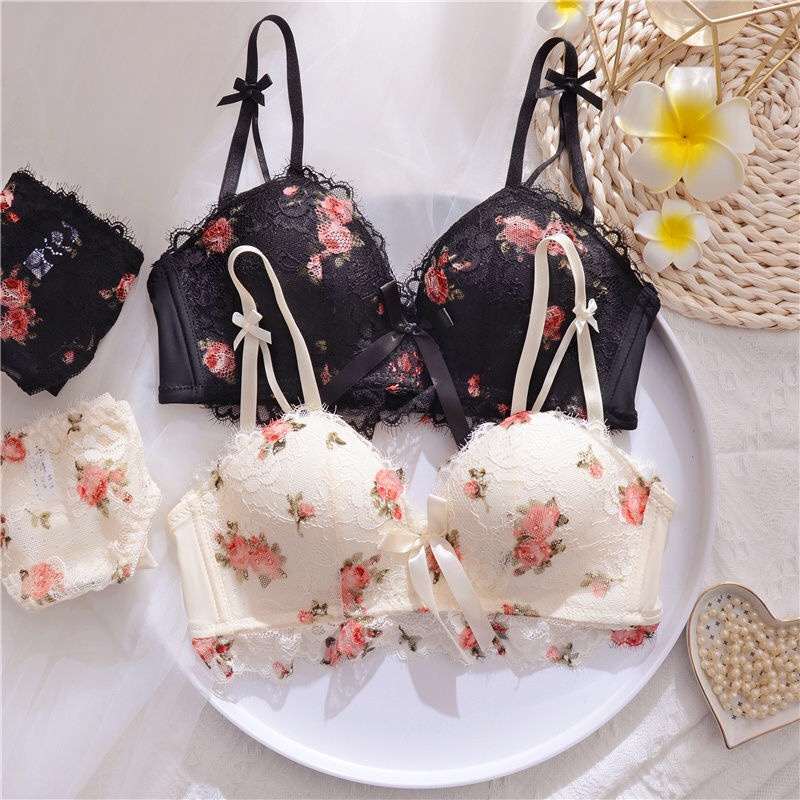 Push Up Bra and Panty Set for Women Floral Lace Cute Lingerie Sexy Underwear Set FL-1