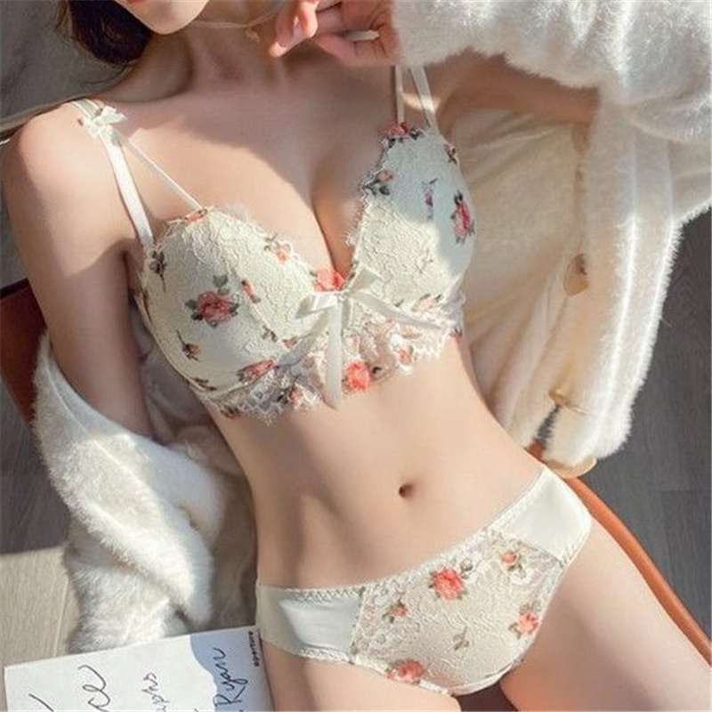 Push Up Bra and Panty Set for Women Floral Lace Cute Lingerie Sexy Underwear Set FL-1