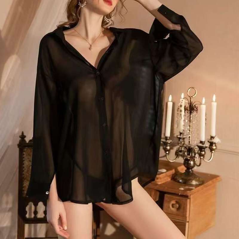 FRENCH CHIFFON SHIRT WITH PEARL SHOULDER EROTIC LINGERIE NIGHTDRESS NW-24