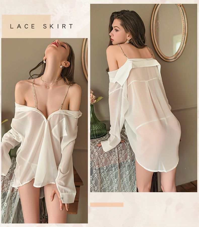 FRENCH CHIFFON SHIRT WITH PEARL SHOULDER EROTIC LINGERIE NIGHTDRESS NW-24