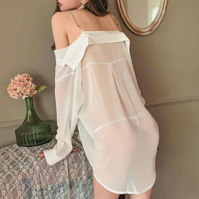 FRENCH CHIFFON SHIRT WITH PEARL SHOULDER EROTIC LINGERIE NIGHTDRESS NW-24