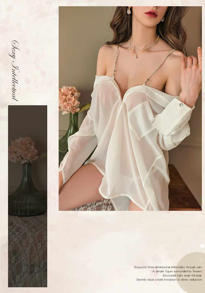 FRENCH CHIFFON SHIRT WITH PEARL SHOULDER EROTIC LINGERIE NIGHTDRESS NW-24