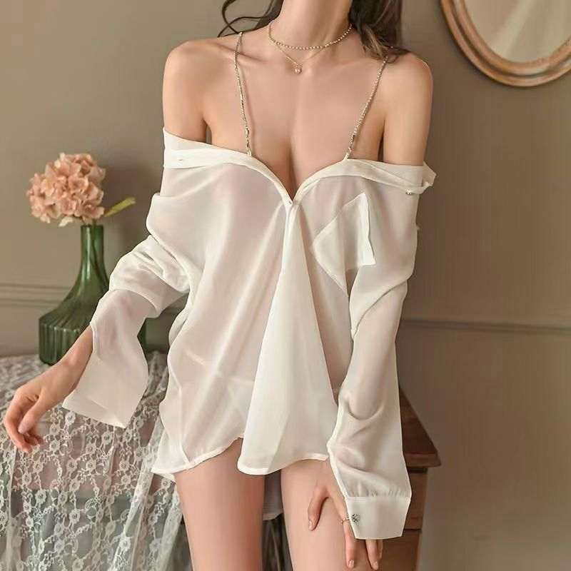 FRENCH CHIFFON SHIRT WITH PEARL SHOULDER EROTIC LINGERIE NIGHTDRESS NW-24