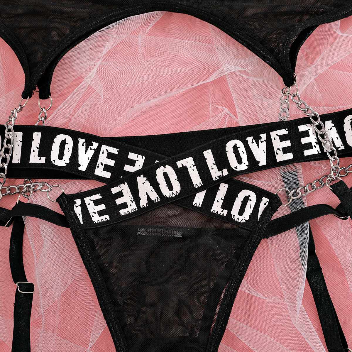 Love Lingerie With Metal Chain Leggings Steel Ring Three-Piece Set NW-721