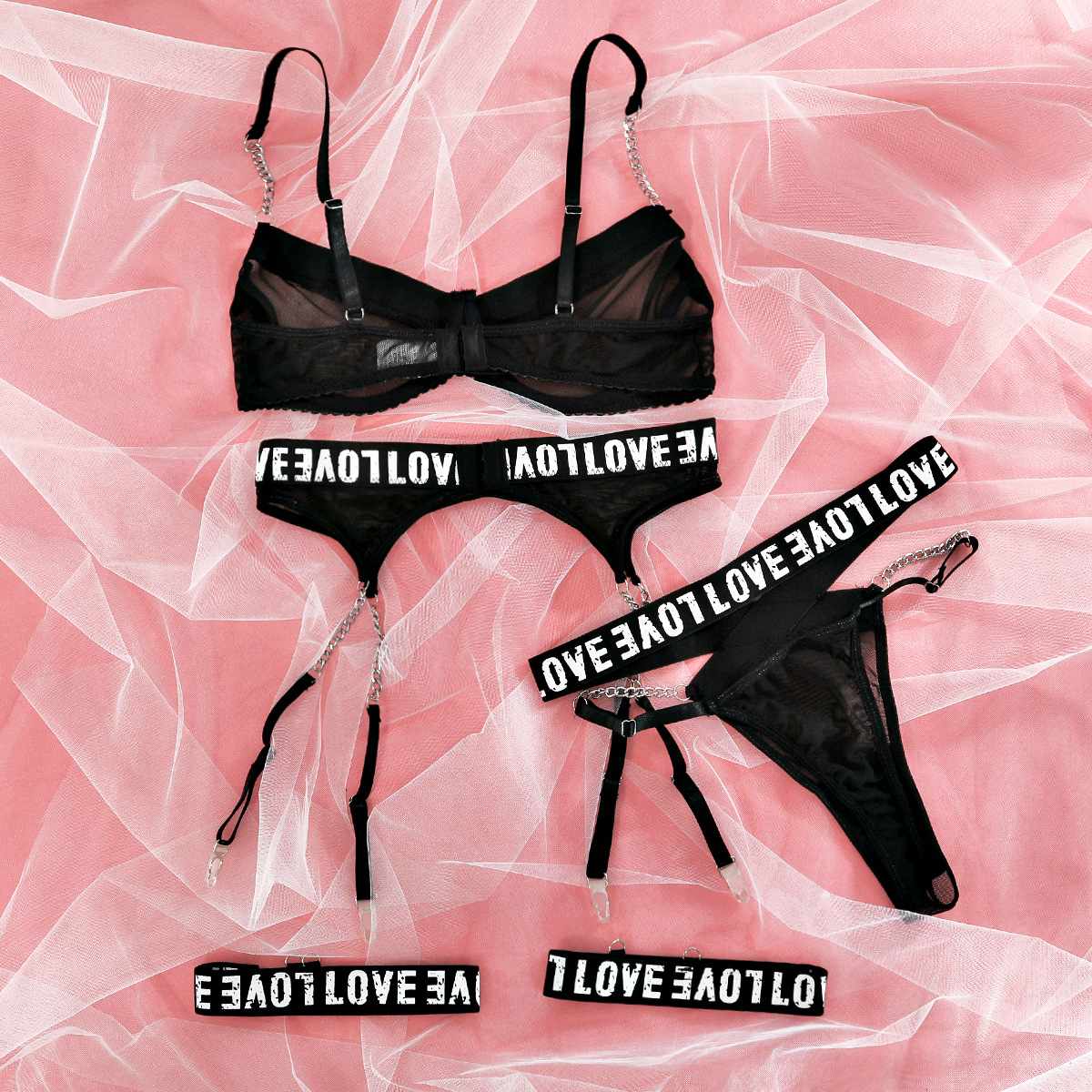 Love Lingerie With Metal Chain Leggings Steel Ring Three-Piece Set NW-721