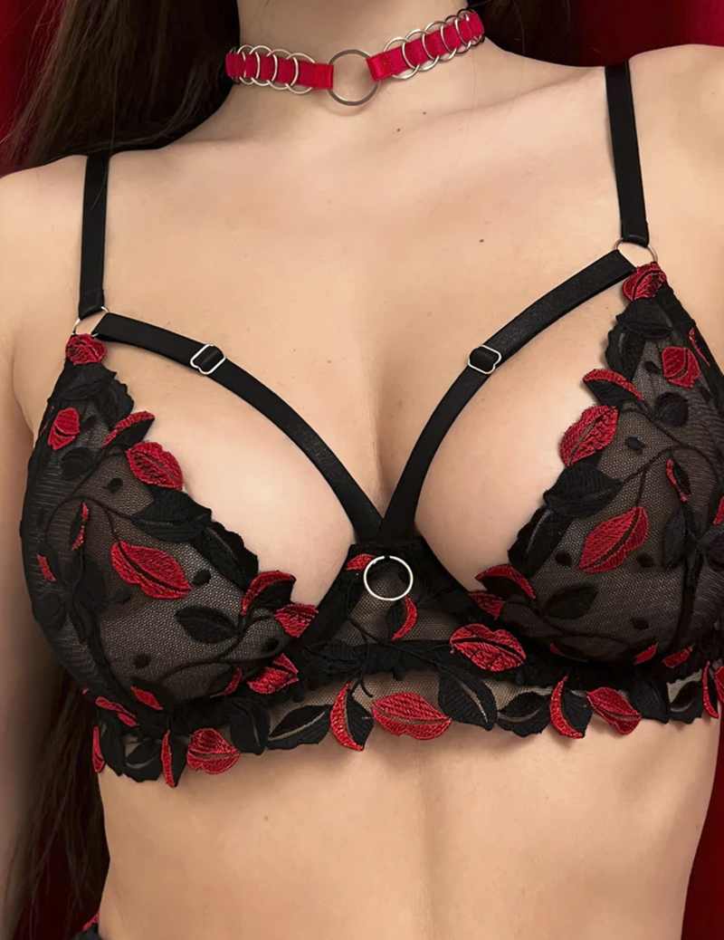Fancy & Luxury Transparent Floral Embroidery Sissy Crotch less Seamless Bras Garter Belt Set NW-638