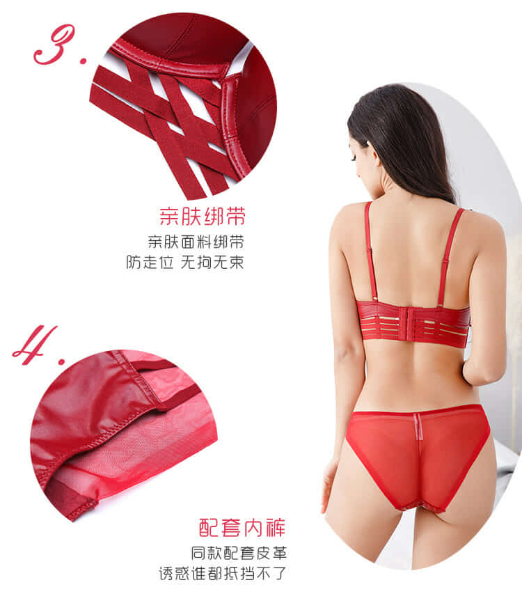 Erotic Leather Pushup Cups Fancy Bra Set | LBS-001