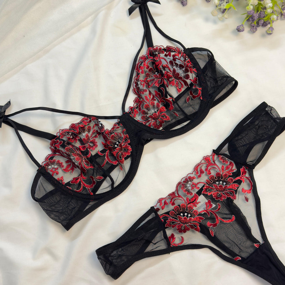 Black Embroidered Net Bra Set
011
