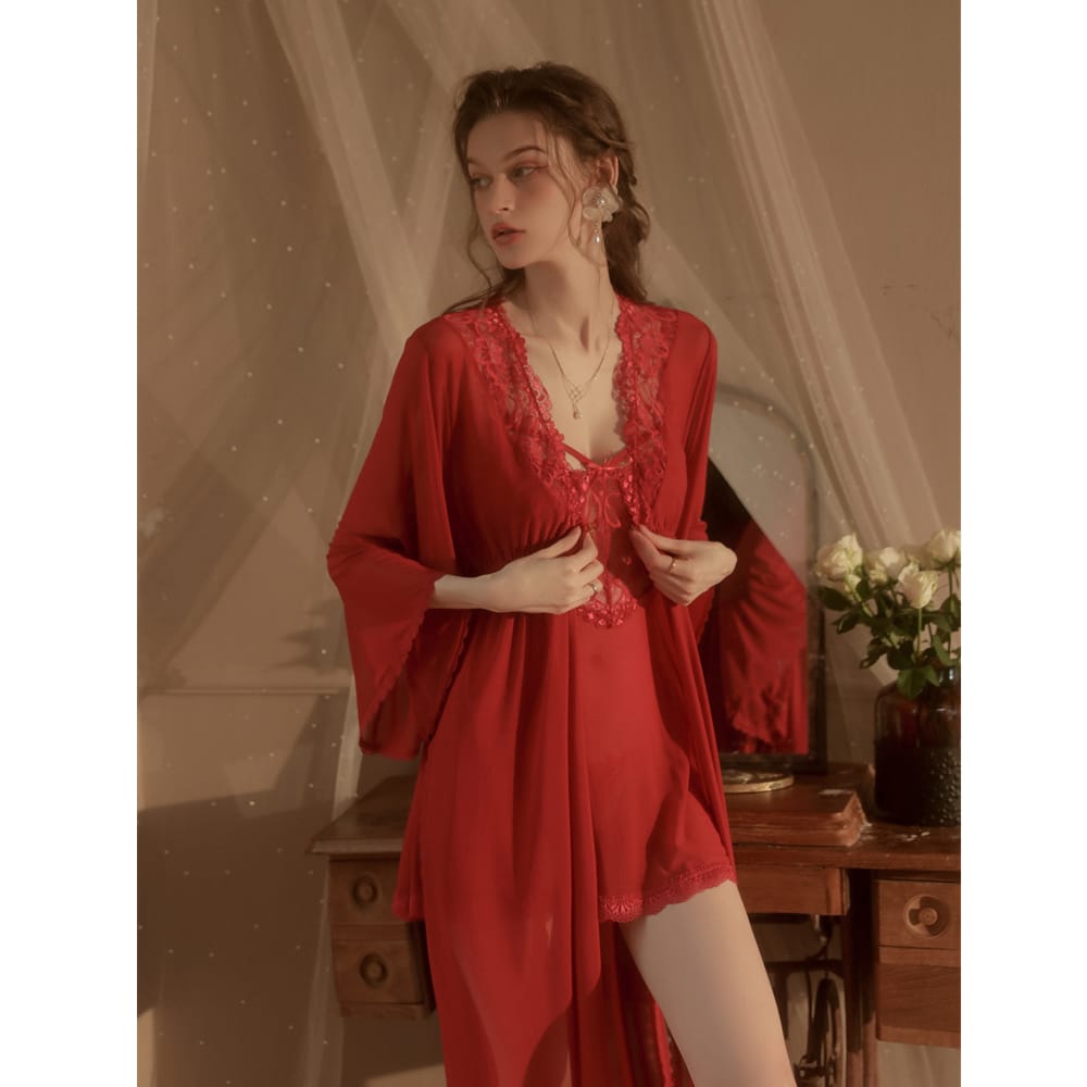 3 Piece Silk Night Dress & Full Sleeves Robe - Satin LG-02