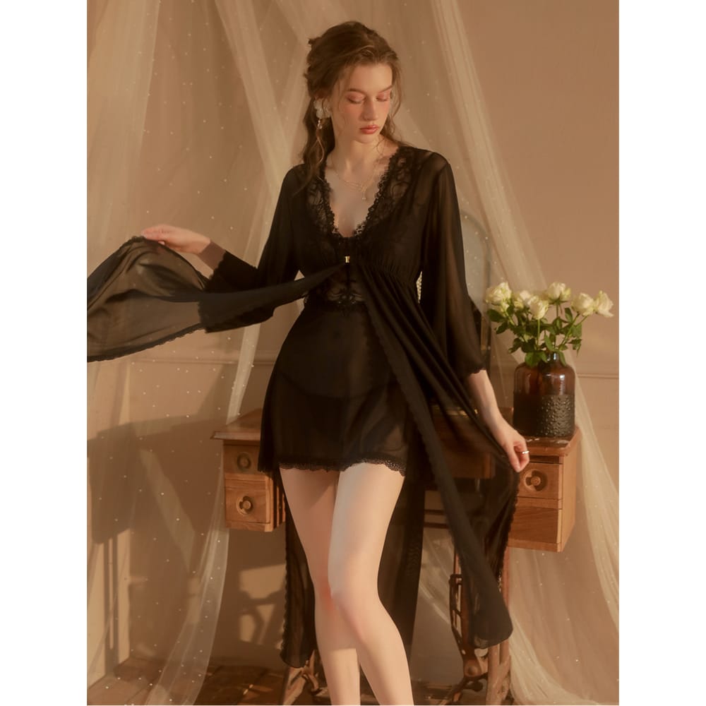 3 Piece Silk Night Dress & Full Sleeves Robe - Satin LG-02