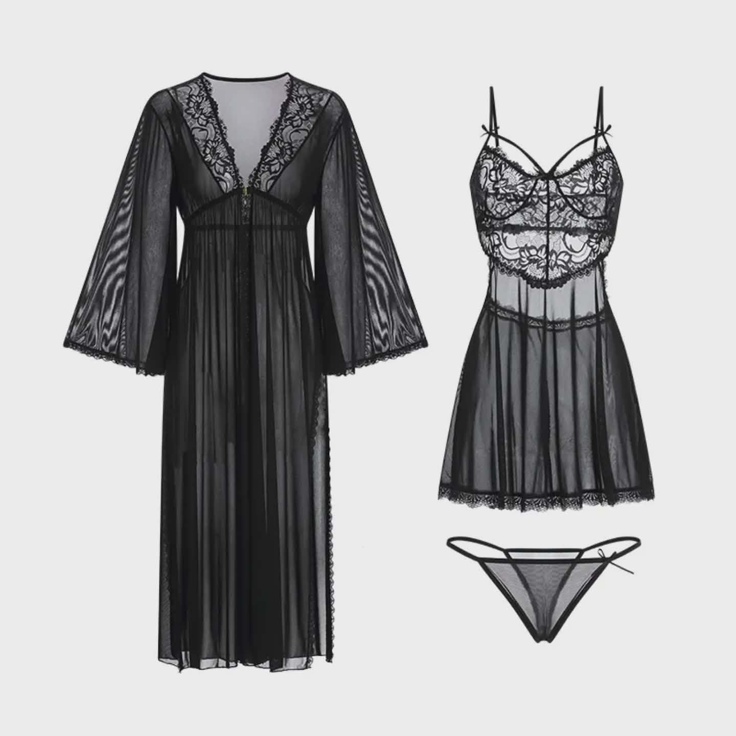 3 Piece Silk Night Dress & Full Sleeves Robe - Satin LG-02