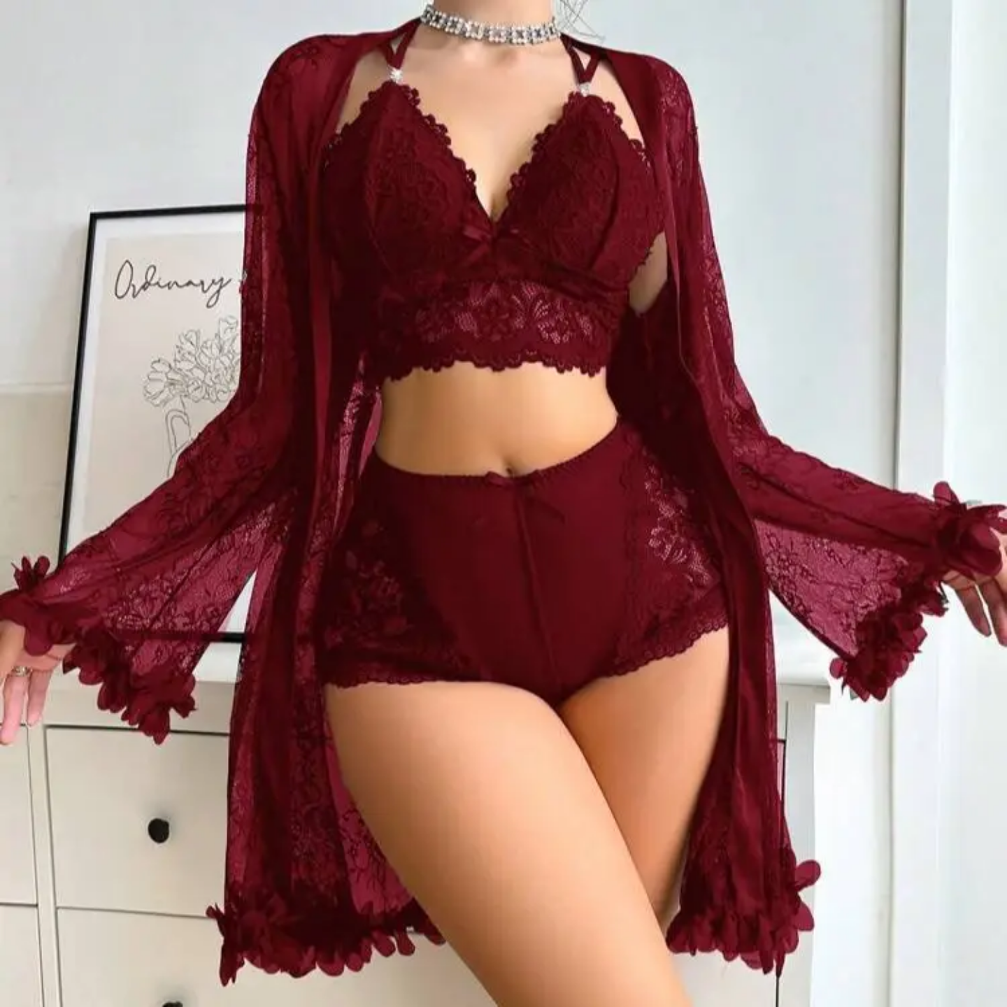 Midnight Elegance Lace Lingerie & Robe Set NW-032