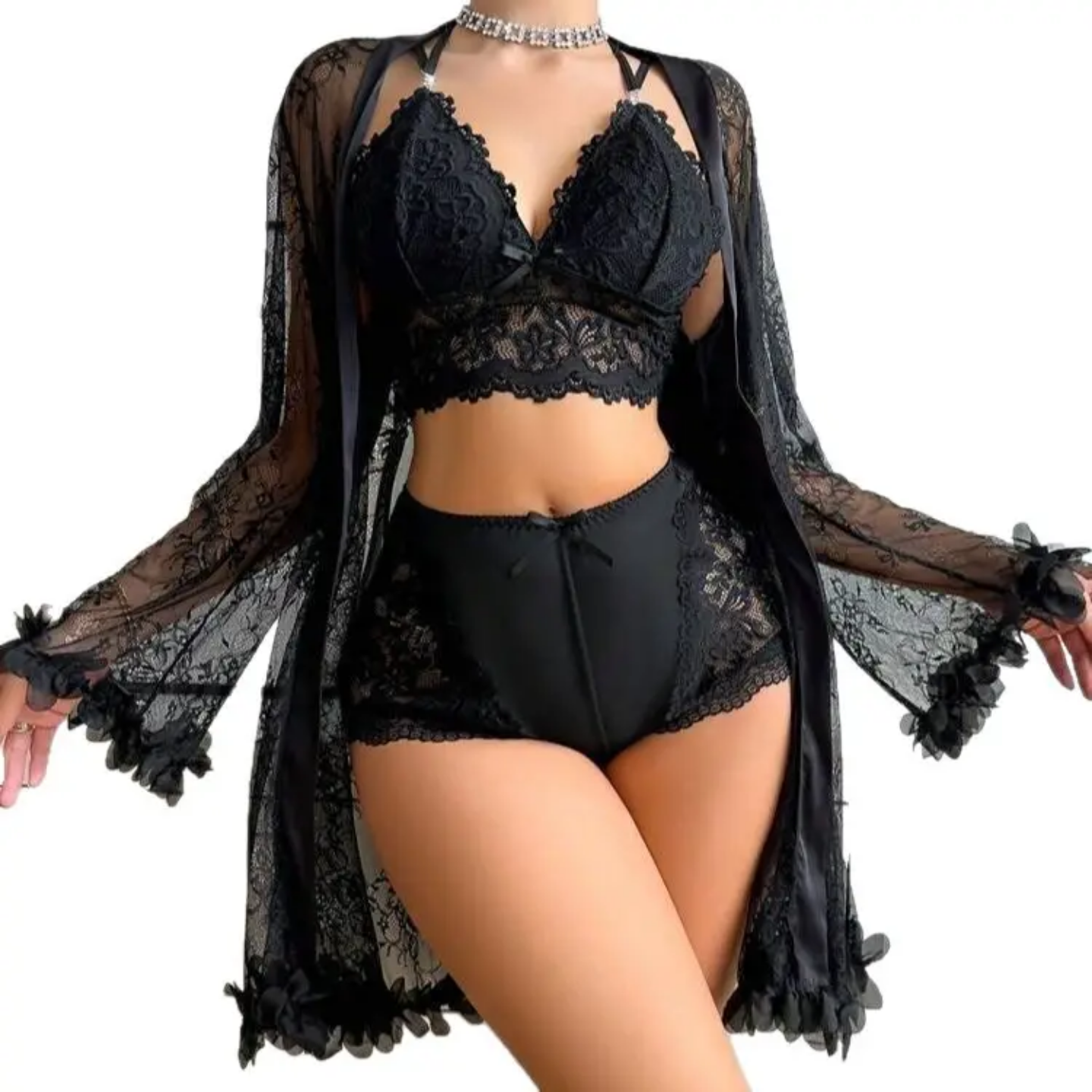 Midnight Elegance Lace Lingerie & Robe Set NW-032