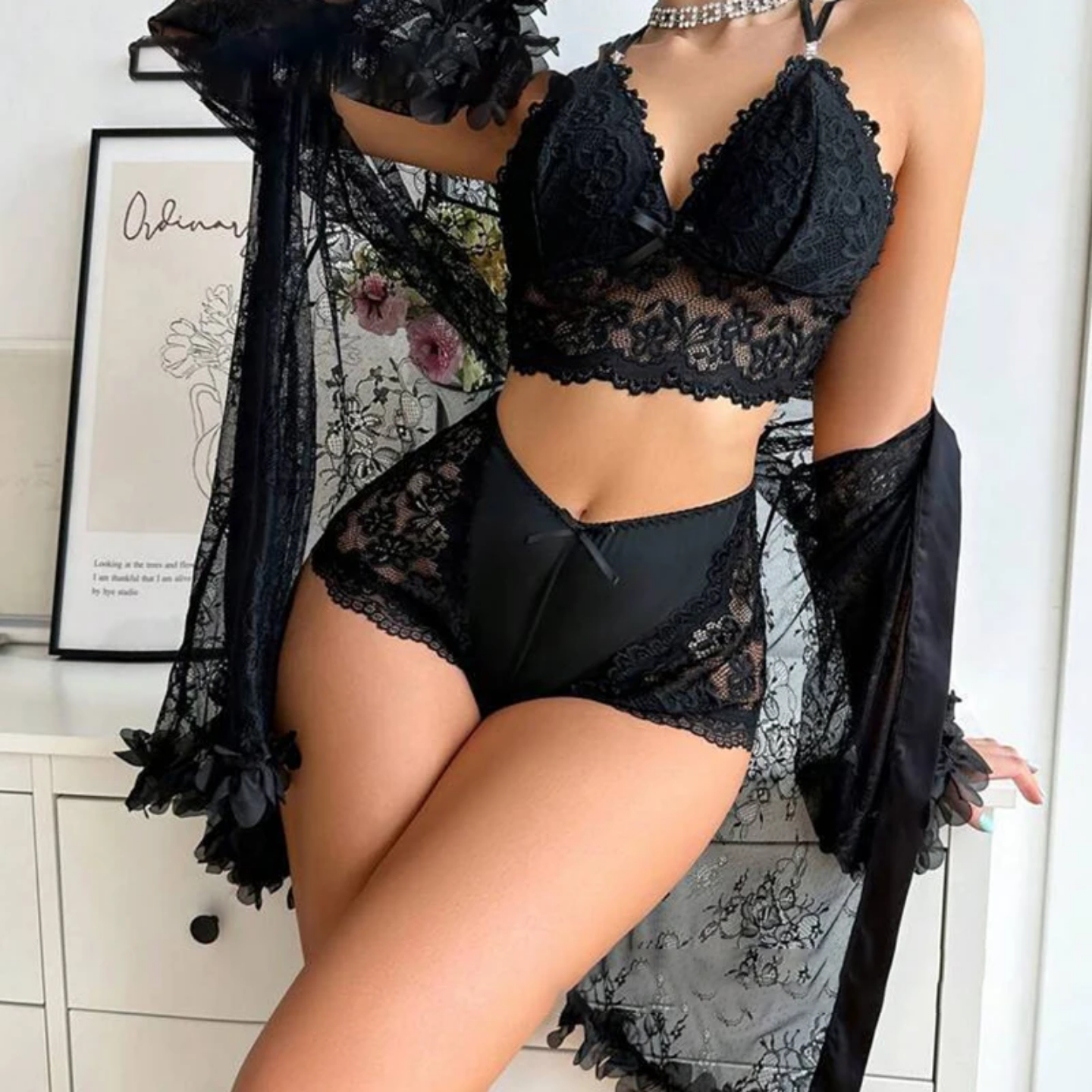 Midnight Elegance Lace Lingerie & Robe Set NW-032