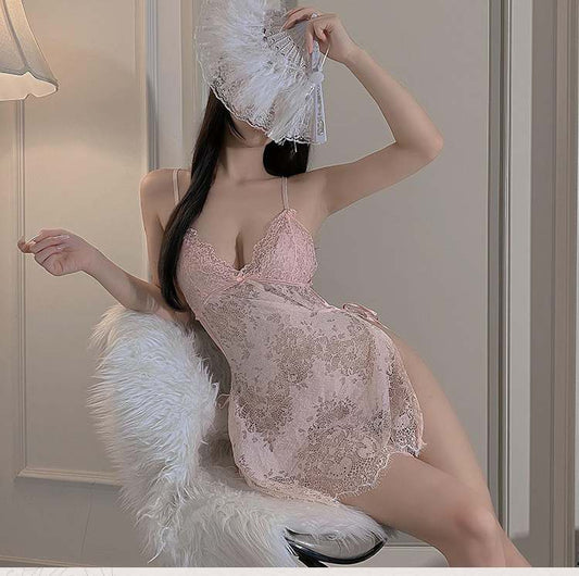 Erotic Strap Nightdress Bow Knot V-Neck Embroidery Lace Sleepwear ED-8093