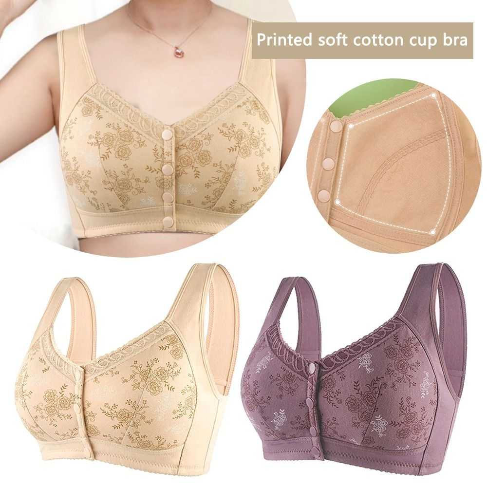 Comfortable Bra Cotton Women Wire Free Bras Floral Front Closure