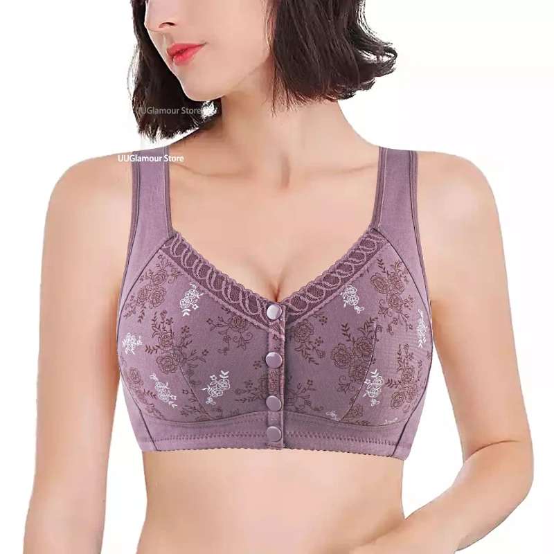 Comfortable Bra Cotton Women Wire Free Bras Floral Front Closure