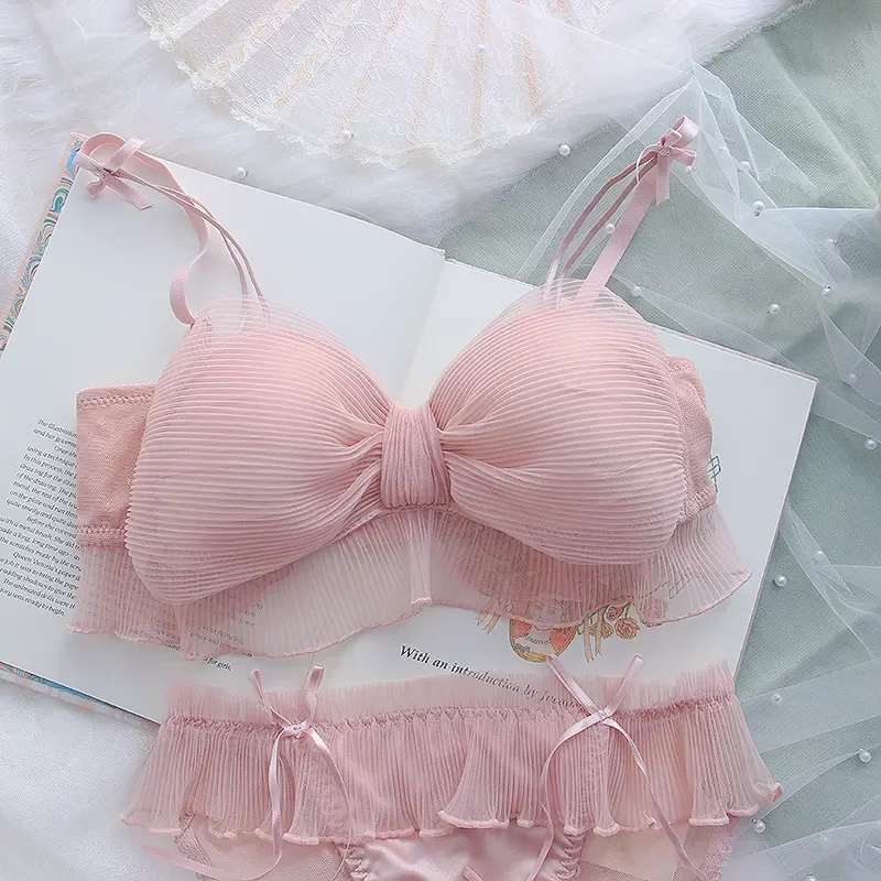 Elegant Lace Tulle Bikini Push Up Bra Bow Women's Bra Set BBS-02