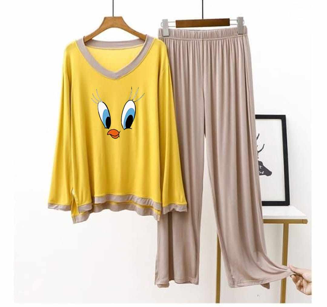 Plain Gray Smiley Face V Neck with Plazzo Pajama Full Sleeves Suit LP-01