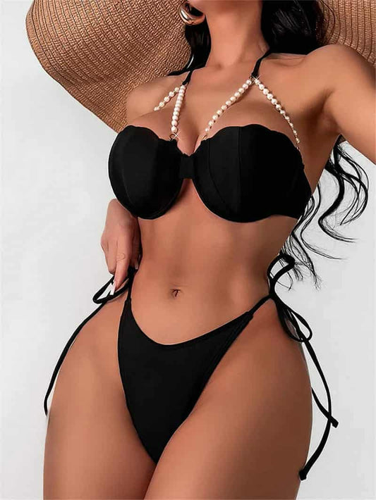 Pearl Strings Erotic Wireless Cups Fancy Bikini Bra Set | PS-001