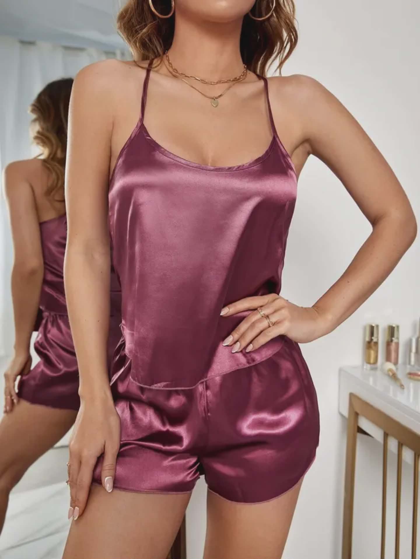Elegant Silk Lingerie For Women With Satin Cami & Shorts Set Nightwear CS-02