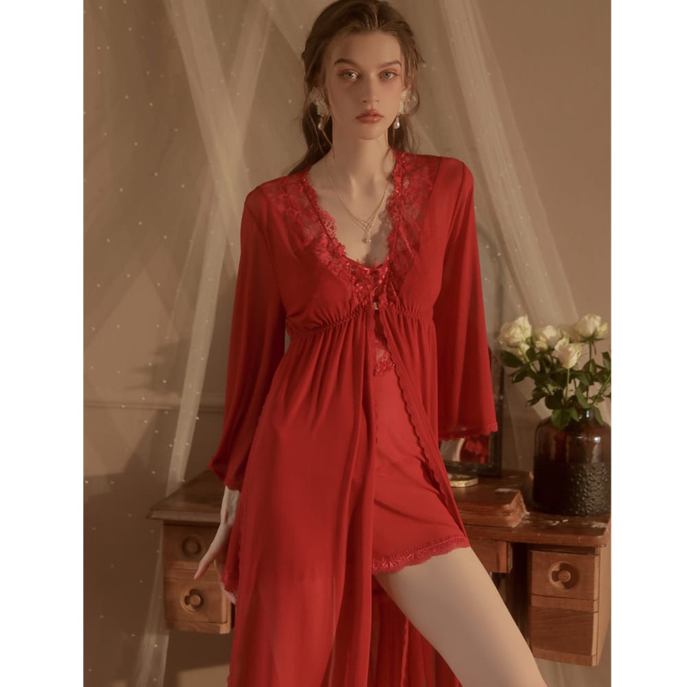 3 Piece Silk Night Dress & Full Sleeves Robe - Satin LG-02