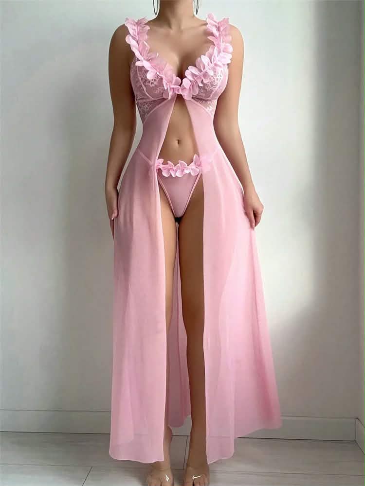 Blush Petal Lace Long Robe Lingerie Set W-915